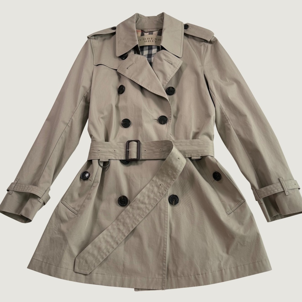 Burberry Brit Womens Double Breasted Trench Coat Beige Belted Size Small